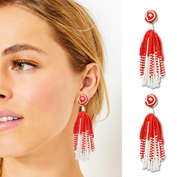 Kikiboheme Jewelry - Football Team Fan Red White Beaded Tassel Cheerleader Long Earrings